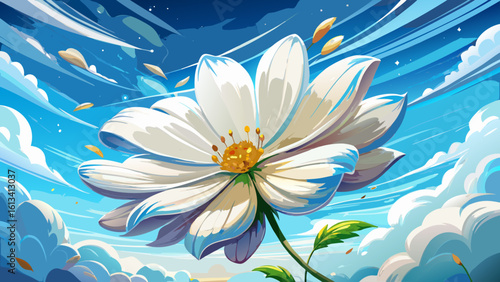 White cosmos blossom design for summer travel and nature scenes captures purity beneath bright skies. In semi-realistic vector style, each petal glows with soft light and gentle movement.