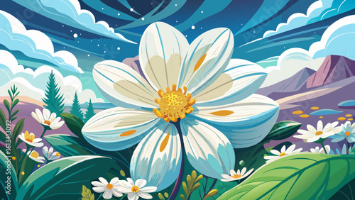 White cosmos blossom design for summer travel and nature scenes captures purity beneath bright skies. In semi-realistic vector style, each petal glows with soft light and gentle movement.
