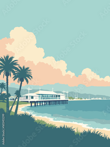 Redondo Beach, CA – Seaside Lagoon and pier in lagoon blue, pier white, palm green, and cloud peach