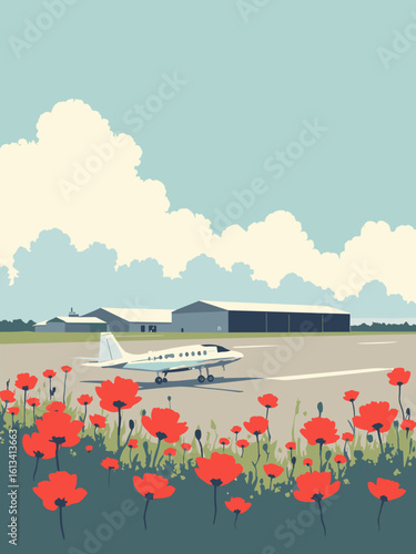 Oshkosh, WI – EAA AirVenture Museum hangars and tarmac in hangar silver, sky white, runway gray, and poppy red