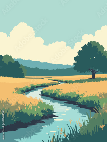Huntersville, NC – Latta Plantation Nature Preserve fields and creek in field gold, creek teal, oak green, and sky blue