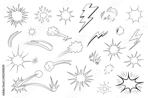 Dynamic Comic Book Action Elements Collection A Set of Hand-Drawn Explosions, Speed Lines, and Impact Effects for Graphic Novels and Superhero Designs with Transparent Backdrop