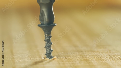 Close-up screwdriver bit screwing black countersunk self-tapping screw into wooden plank. Hardware tool tightening coarse fastener during repair. Bit working in construction moment