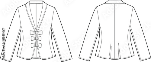 Women's Fashion Blank Technical Sketch, Tailored Jacket with Bow Closures, Long Sleeve Blazer Template, Formal Apparel Mockup, Front and Back View, Design Illustration on White Background.