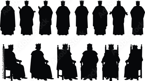 Silhouettes of kings standing and sitting on thrones, royal figure icons, majestic rulers vector set, medieval monarchy illustration elements