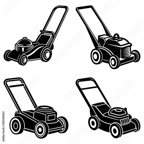 Four black and white lawn mowers with different designs and styles arranged on a white background