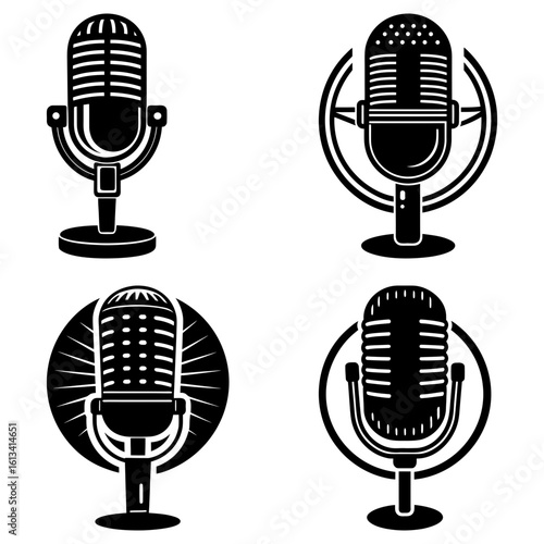Four black and white vintage microphone icons in different styles on a white background in vector format