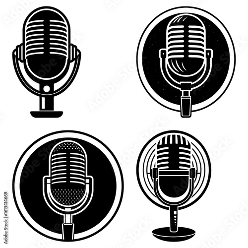 Illustration of four vintage microphones in black and white with varying designs and circular backgrounds