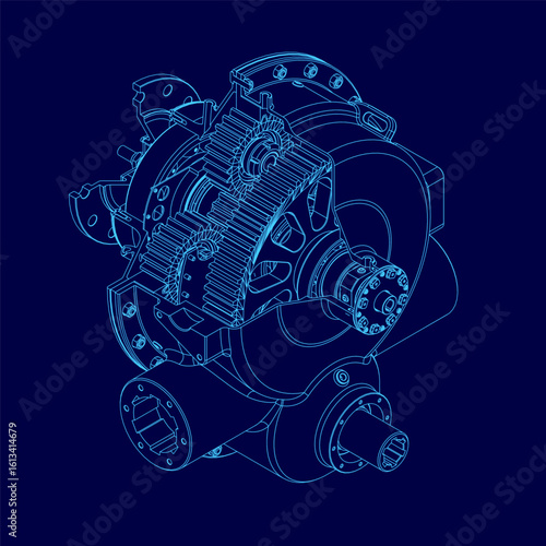 A detailed blueprint of a car engine with visible gearbox, pistons, and turbine components. The intricate contour lines highlight mechanical precision against a solid blue background.