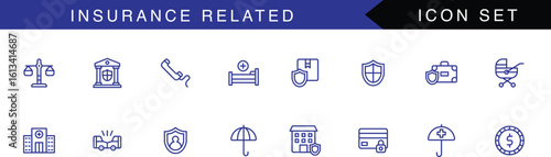 Insurance - vector set of linear icons. Pixel perfect. Editable stroke. The set includes a Insurance Agent, Umbrella, Life Insurance, Home Insurance, Car Insurance, Travel Insurance, Ambulance, Medica
