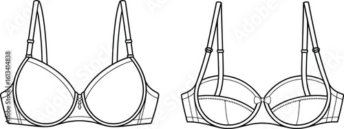 Women's Lingerie Blank Technical Sketch, Underwire Padded Bra Template, Adjustable Straps, Undergarment Mockup, Front and Back View, Design Illustration on White Background.