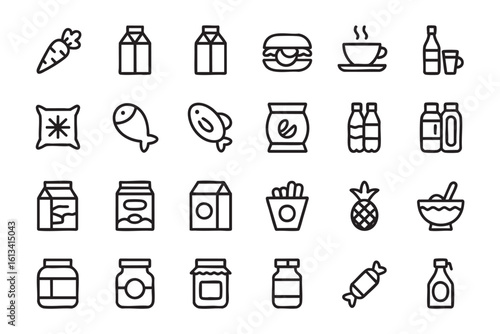 Grocery Store Icon Set A Collection of Line Art Symbols Representing Food and Beverage Items Available in a Supermarket on a Transparent Background