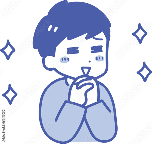 喜んでいる私服の若い男性(上半身・線画)