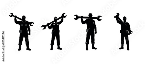 Silhouette of Strong Male Worker Holding Wrench for Labour Day
