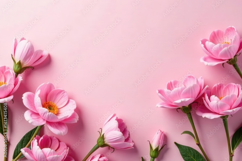 Delicate pink blooms arranged on a pastel pink backdrop Festive spring floral composition , mothers day, petals Delicate pink blooms arranged on a pastel pink backdrop Festive spring floral composition , mothers day, petals