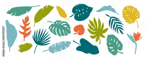 Set summer tropical leaves with crayon texture effect in childish art style. Isolated abstract silhouettes on white background. Rough edges. Trendy vector templates for your design