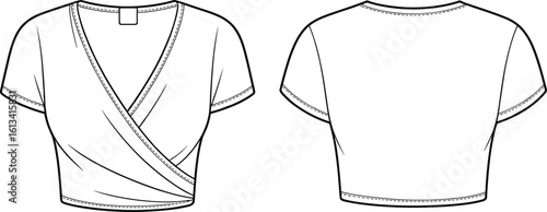 Women's Fashion Blank Technical Sketch, Crop Top Short Sleeve Wrap Design, V-Neck Blouse Template, Clothing Casual Apparel Mockup, Front and Back View, Design Illustration on White Background.