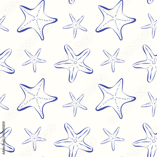 Marine seamless pattern with various starfish. Summertime coastal theme. Hand drawn sketch style. Blue ink lines. Template for background, textile, apparel, packaging, wallpaper.