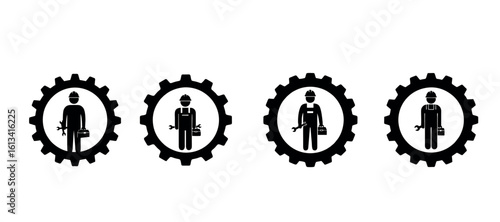 Silhouette of Worker Inside Gear Holding Tool – Labour Day Industry Vector
