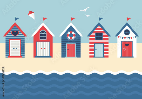 Seafront with nautical beach huts vectors in a row
