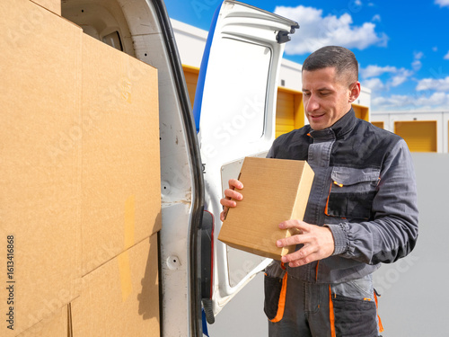 Man courier near minivan. D...