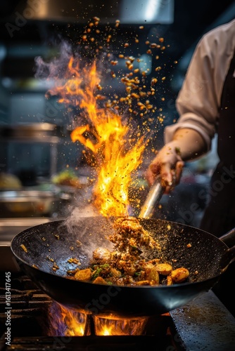 Chef Cooking with Fire in Wok.