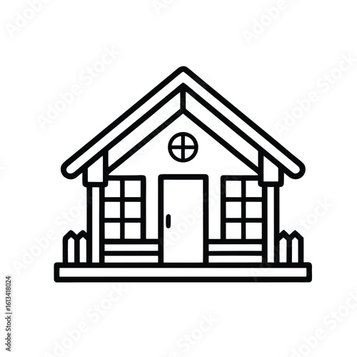 Simple outline drawing of a small wooden house with a picket fence