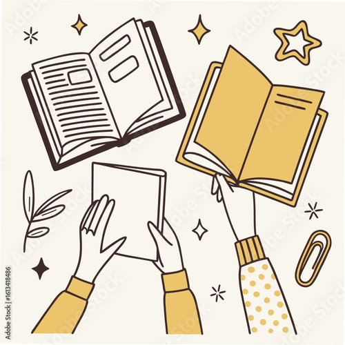 Books halftone art collage cut outs set. Various paper clip art, hands holding reading open books stickers with vintage dot texture and doodles. Modern retro vector illustration for mixed media design