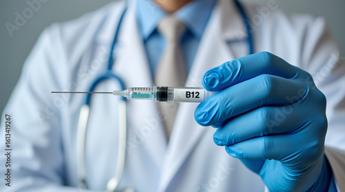 Vitamin B12 concept ,Doctor holding vitamin B12 injection syringe with confident expression