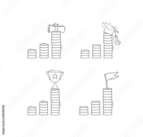 Scholarship concept with education certificate and money. Vector sketch illustration of tuition grant, study cost in college or university. Doodle set with diploma and coins stacks