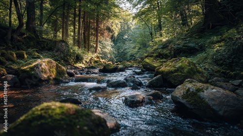 Tranquil forest stream flows through moss-covered rocks in serene nature setting illuminated by sunlight