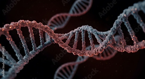 Detailed DNA strand with textured surface and warm lighting against a dark background