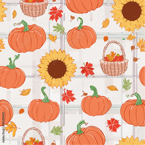 Seamless autumn pattern with pumpkins and plaid