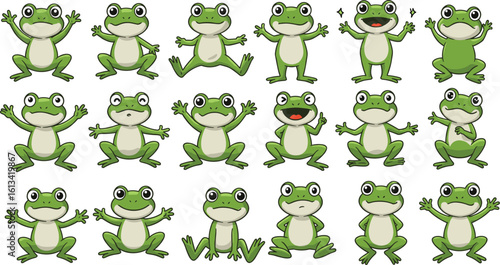 Cartoon frog set with different expressions, green frog character in poses, cute amphibian drawing, fun wildlife illustration for kids, animal clipart collection