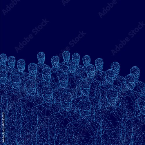 A large group of people stands in a symmetrical line on a calming blue background, creating unity and togetherness. The wireframe figures walk in harmony, forming an organized pattern.