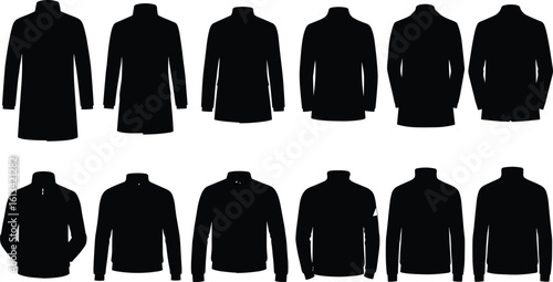 Silhouettes of winter jackets and coats, high-neck outerwear icons, men's fashion coat vector set, black clothing design elements, isolated cold weather apparel illustrations