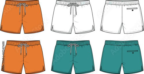 Men’s swim shorts flat vector illustration, technical fashion CAD drawing, front and back view, drawstring waistband beachwear designMen’s swim shorts flat vector illustration