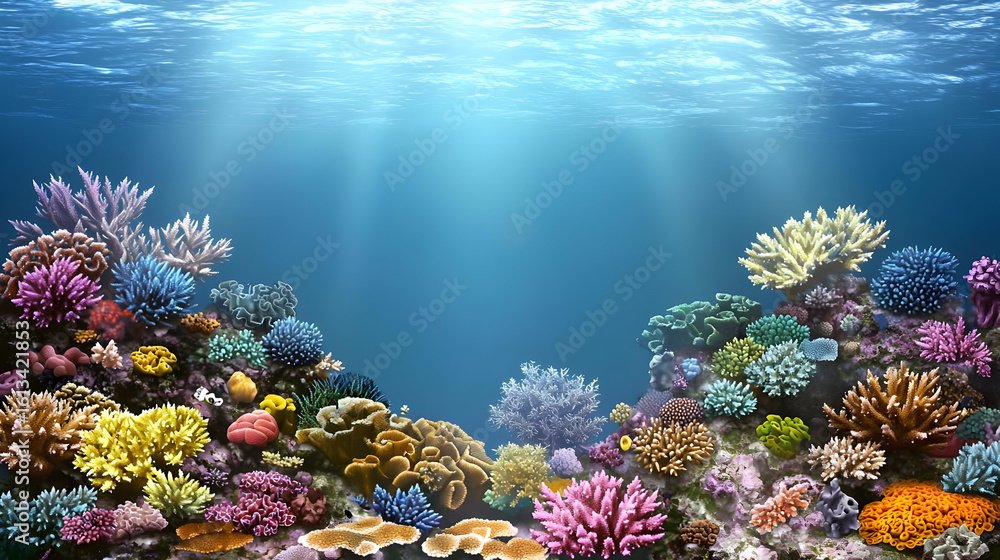 Fototapeta premium Vibrant coral reef underwater scene. Sunlight streams through the water, illuminating a diverse array of colorful corals in a healthy ecosystem