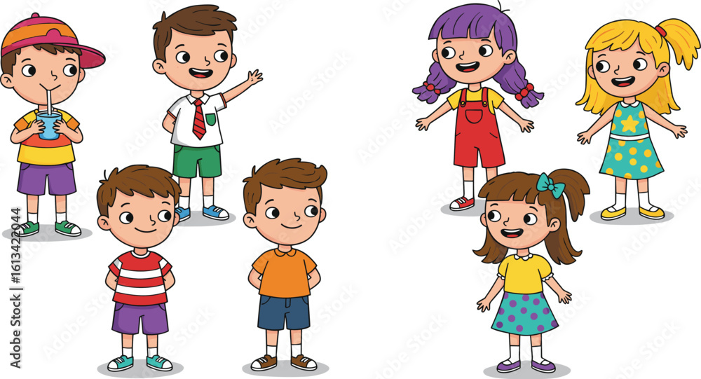 Cartoon kids smiling, happy boys and girls, colorful clothes, summer fun, playful children, cute characters, group of kids illustration, joyful child scene, outdoor fun Cartoon kids smiling, happy boys and girls, colorful clothes, summer fun, playful children, cute characters, group of kids illustration, joyful child scene, outdoor fun