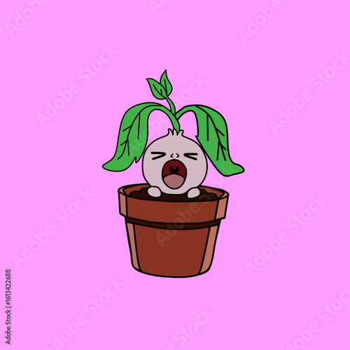 A cute little plant shaped like a tiny onion with droopy leaves is yawning sleepily inside a brown clay pot, set against a soft plain yellow background, making it look adorable and cozy.