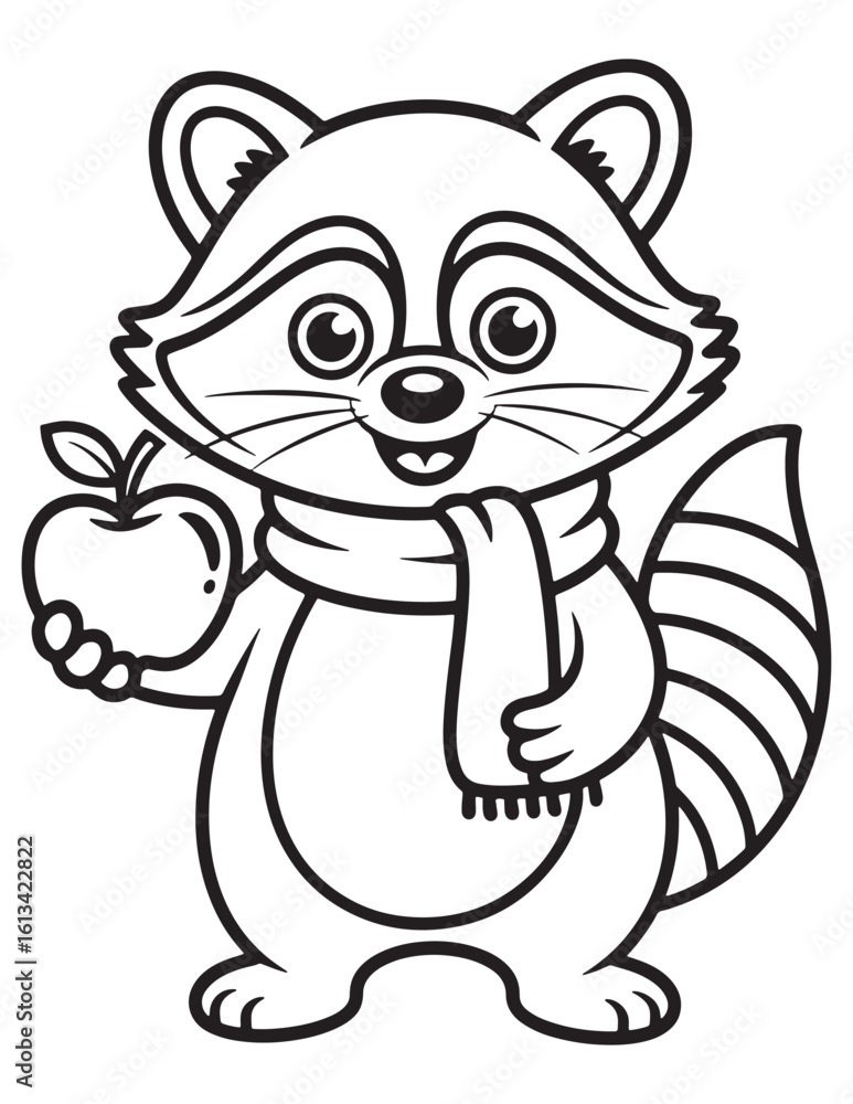 Obraz premium Happy Raccoon Holding Apple with Scarf – Thanksgiving Forest Animal Line Art Coloring Page for Preschoolers and Kids