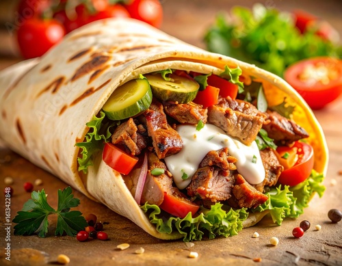Grilled shawarma wrap with vegetables and garlic sauce in detailed fast food illustration