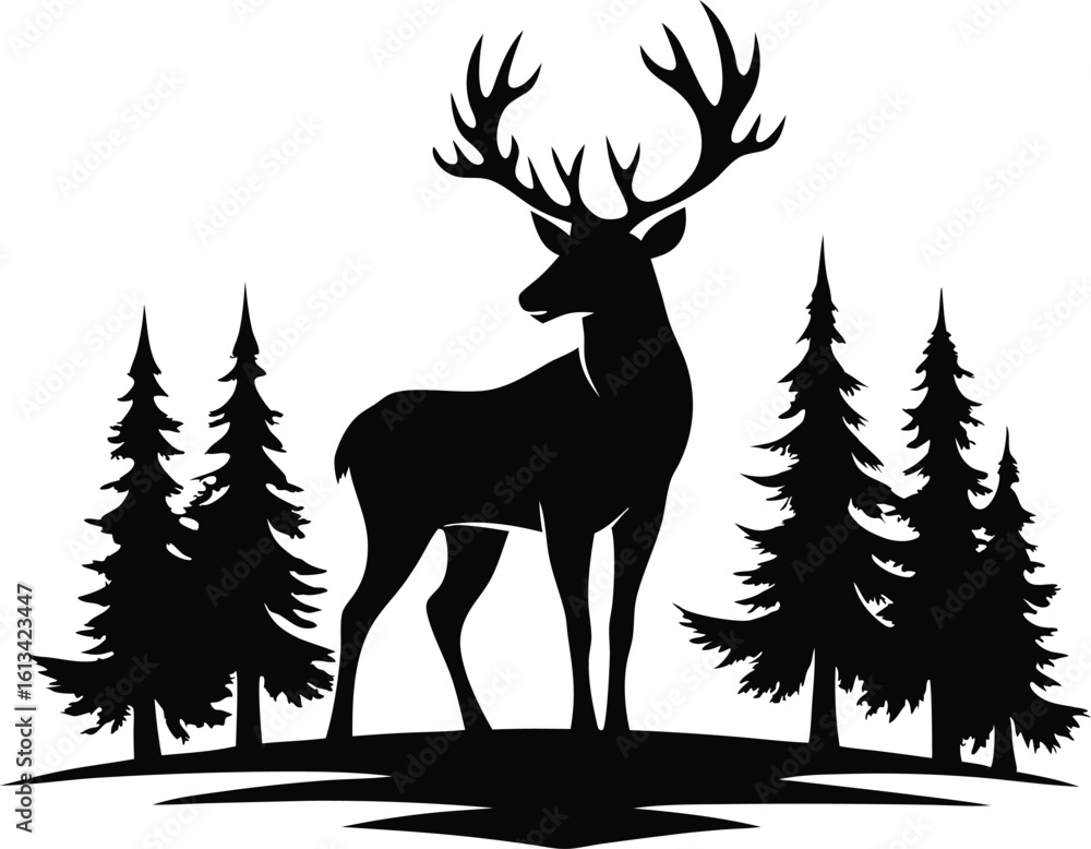 Obraz premium Silhouette vector of a deer with pine trees and forest scenery, deer with pine trees and forest scenery illustration vector