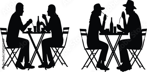outdoor café, romantic evening atmosphere, relaxing meal, social interaction, wine and food enjoyment 