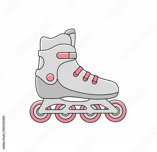 Vector Illustration of a Gray and Pink Inline Roller Skate Side View.