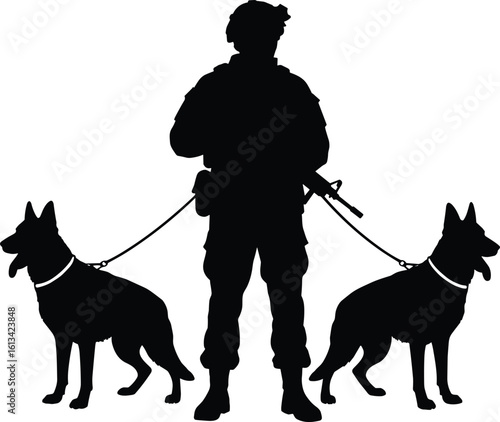 Silhouette of soldier, military man with dogs, armed forces patrol, K9 unit, working dogs, defense team, tactical, security illustrationSilhouette of soldier, military man with dogs, armed forces