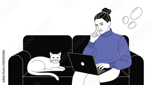 Woman Working Remotely from Home with Laptop and Pet Cat on Sofa; Illustrating Flexible Work, Online Business, Freelance Lifestyle, and Comfortable Productivity for Modern Living