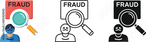 Fraud investigation concept with magnifying glass and suspicious person icon set