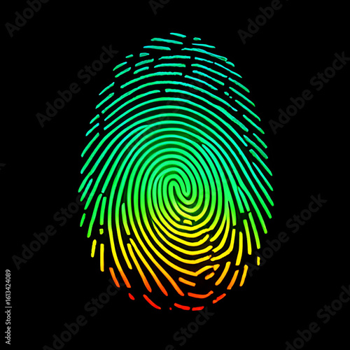 Colorful fingerprint pattern with gradient hues of green, yellow, and red on black background, unique biometric identity symbol and digital security concept illustration