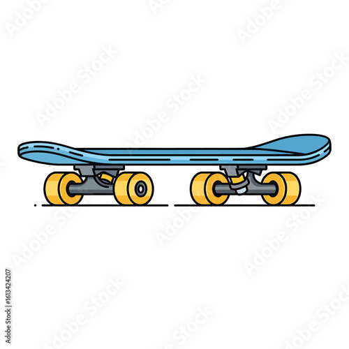 Classic blue skateboard with yellow wheels and grey trucks side profile cartoon illustration.